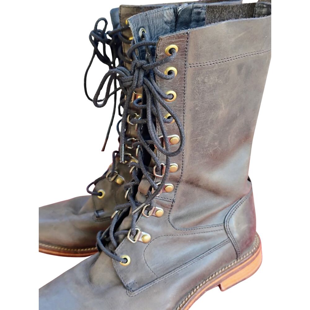 J Shoes Green Leather Zip Up Lace Up Bailer Boots Size 7 Womens Almond Toe